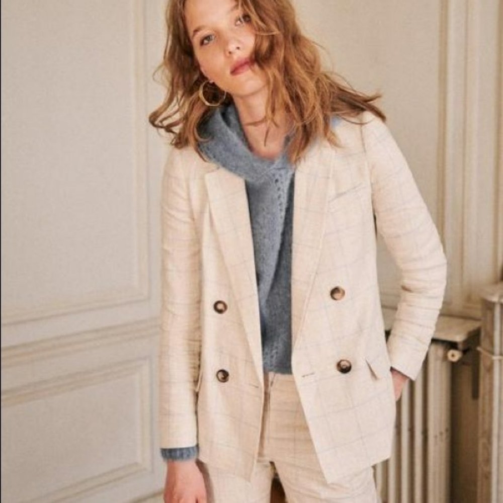 Sezane Christie Beige Plaid Linen blazer gustavo pant sweater suit set blue